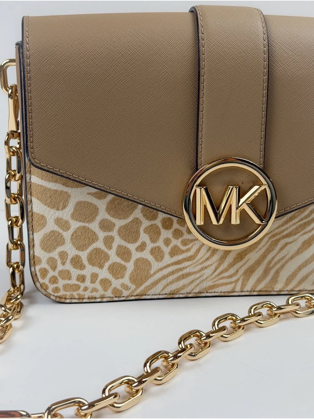 Michael Kors Tan Animal Print Leather Crossbody Shoulder Bag Gold Chain